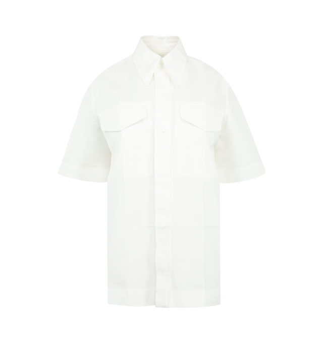 Image 3 of 3 - WHITE - BOTTEGA VENETA Compact Cotton Toile Shirt featuring detachable cotton throat latch, short sleeves, button closure and relaxed fit. 100% cotton. Made in Italy.