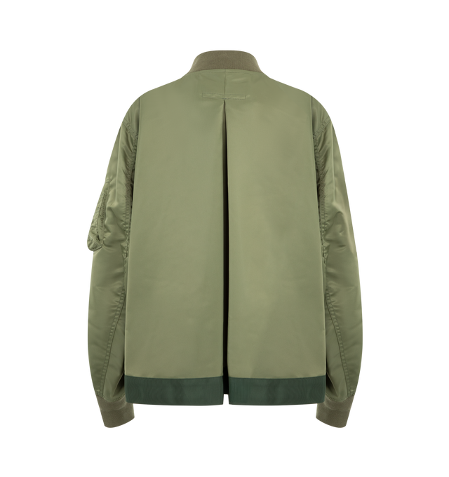Image 2 of 3 - GREEN - SACAI Nylon Twill Blouson Bomber Jacket featuring rib-knit stand collar, hem, and cuffs, two-way zip closure, press-stud tabs at chest, welt pockets at front, press-stud vent at side seams, utility pocket at sleeve, welt pockets at interior and full satin lining. 100% nylon. Lining: 100% polyester. Made in Japan.