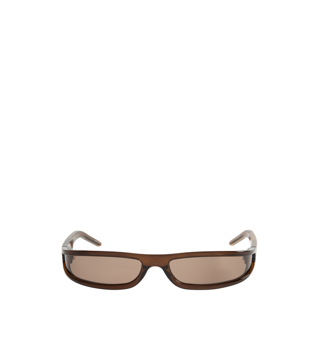 Image 1 of 3 - BROWN - Rick Owens Mens Rectangular Sunglasses feature a lightweight Rilsan nylon frame with brown lenses. Designed with integrated nose pads, 100% UVA/UVB protection (Category 3), and include a leather storage pouch. Frame Material: Rilsan Nylon. Made in Italy.