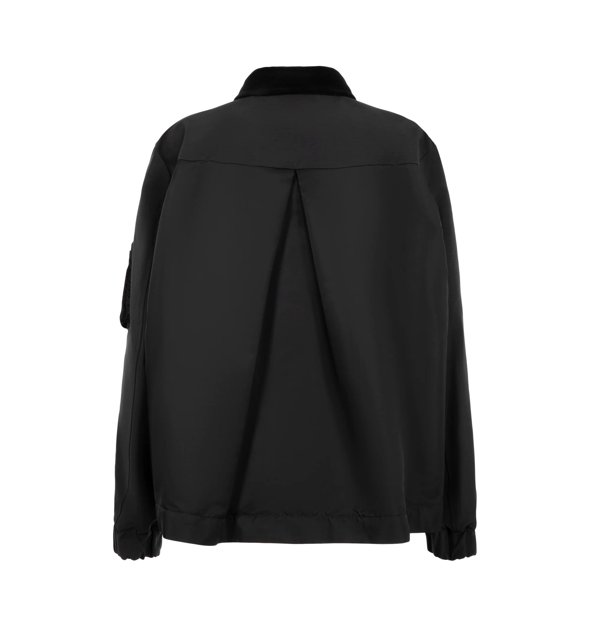 Image 3 of 4 - BLACK - Sacai Women's Grosgrain Bonding Blouson Jacket features distinct oversized front flap pockets, angled chest zip pockets, a contrasting collar, and an adjustable buttoned placket overlay. Materials: Nylon Exterior; Cotton.