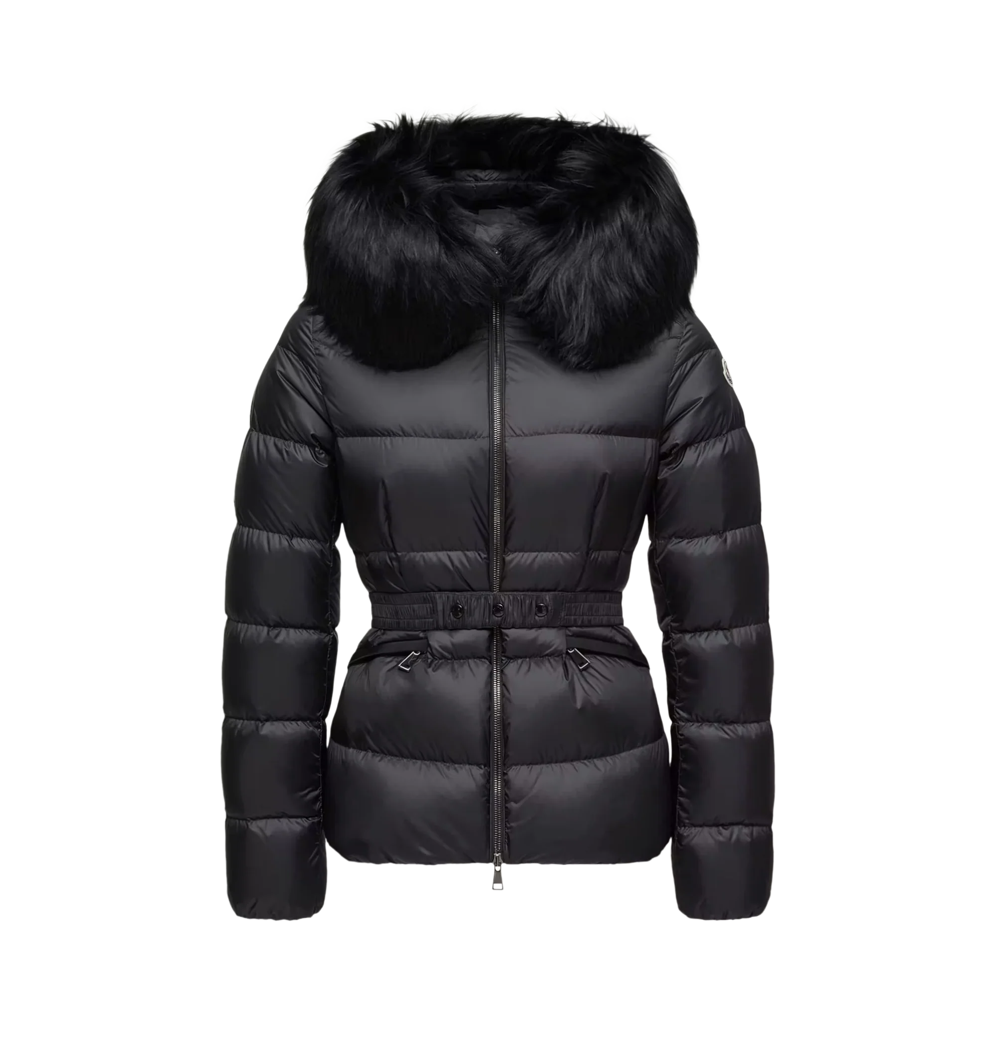 Image 1 of 1 - BLACK - Moncler Women's Boed Hooded Shearling-Trimmed Short Down Jacket is crafted from longue saison nylon and features a down-filled construction, a detachable long-haired shearling-trimmed hood, a front zip closure, zipped pockets, and an elastic belt with a snap-button closure that defines the waist. This designer down jacket combines lightweight warmth with a refined, feminine silhouette for elevated cold-weather wear. Main Material: 100% Polyamide (Nylon). Lining: 100% Polyamide (Nylon)
