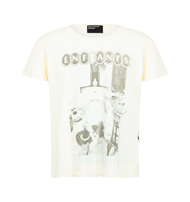 Image 1 of 2 - WHITE - ENFANTS RICHES DEPRIMES Show Me Kansas T-Shirt featuring short-sleeves, dirty white vintage mid weight cotton jersey, tailored fit, bound rib knit neckline, a single-stitch hem at the cuffs and waist, printed artwork at the front and back, a vintage wash process and distressing throughout. 100% cotton.