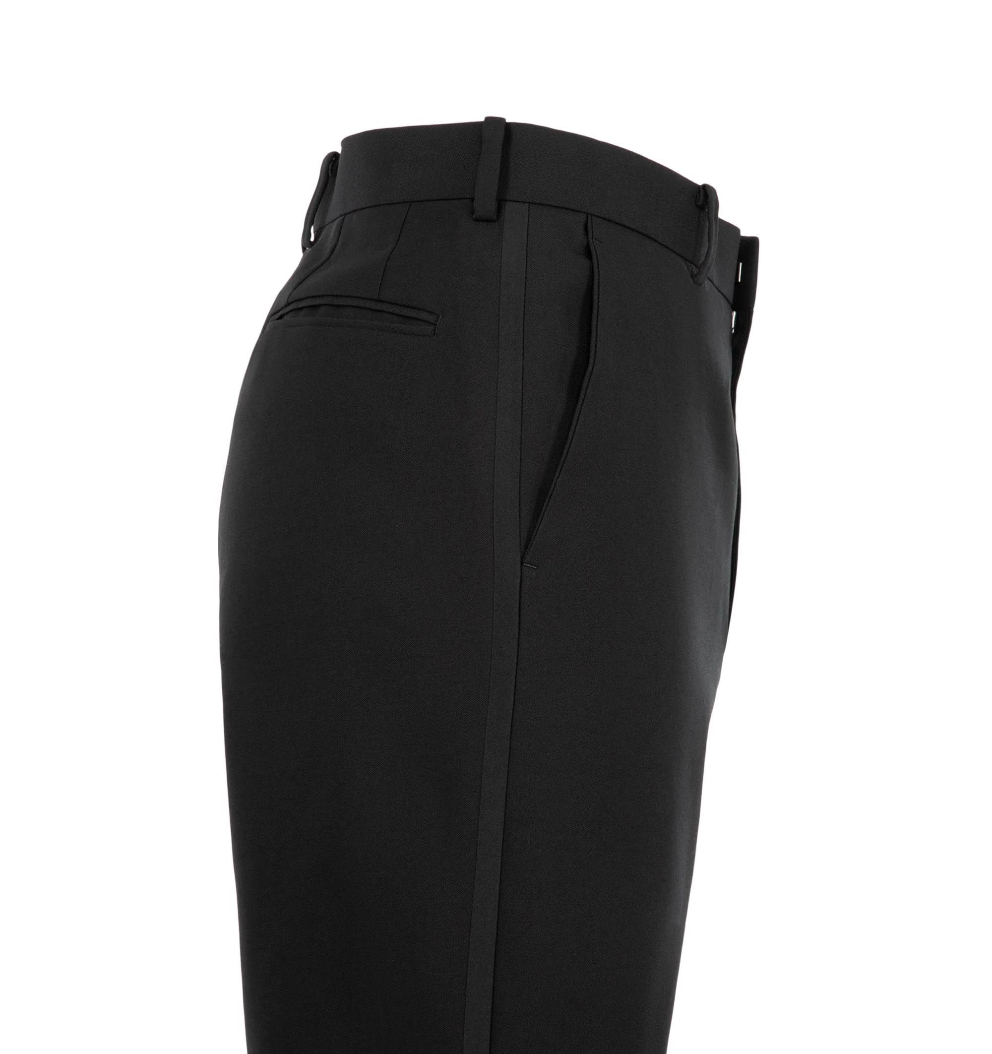 Image 3 of 3 - BLACK - Auralee Men's High-Density Wool Worsted Slacks are crafted from Super 130's wool woven at an exceptionally high density in a cashdos construction, with silk partially incorporated for subtle tonal contrast. A specialized finishing process enhances the fabric's firmness and structure. Cut in a regular fit with a straight leg and half lining. 100% Wool.