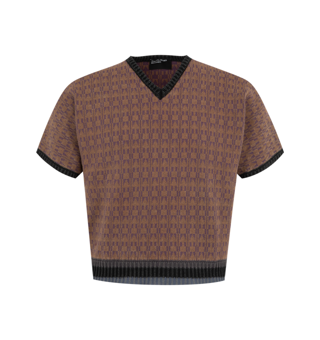Image 1 of 2 - BROWN - ENFANTS RICHES DEPRIMES V-Neck Vienna Sweater featuring short sleeves, jacquard arrow motif throughout, contrast rib trim at neck, sleeves, and waist hem. Cotton. Made in Italy.