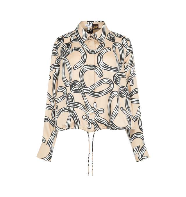 Image 1 of 2 - NEUTRAL - LOEWE PAULA'S IBIZA Balloon Shirt in lightweight printed silk twill featuring a placed Anagram print, drawstring hem, regular fit, regular length, classic collar, balloon silhouette, button front fastening and buttoned cuffs. Silk. Made in Italy.