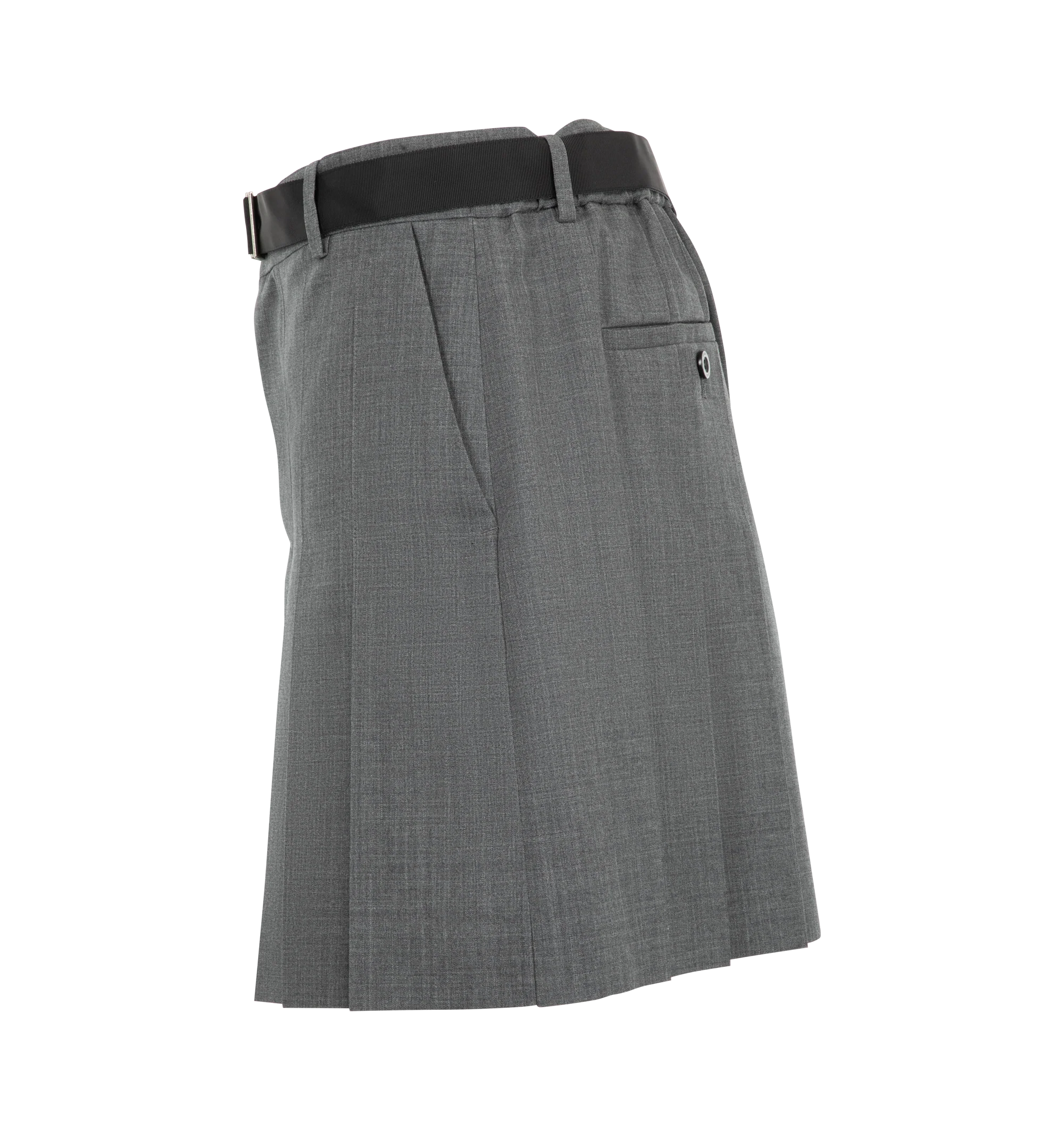 Image 3 of 3 - GREY - Sacai pleated suiting shorts in an above-knee length with asymmetric hemline and built-in adjustable belt. Outer fabric is 70% polyester / 30% wool with 100% cupro lining. Made in Japan.