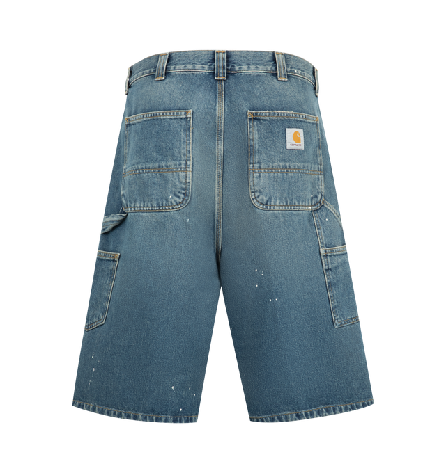 Image 2 of 3 - BLUE - CARHARTT WIP OG Single Knee Short featuring a wide fit from heavyweight cotton denim, intentionally distressed, worn-in look, tool pockets and a hammer loop, bartack stitching, metal rivets at vital stress points and a woven Square Label appears on the rear pocket. 100% cotton. 