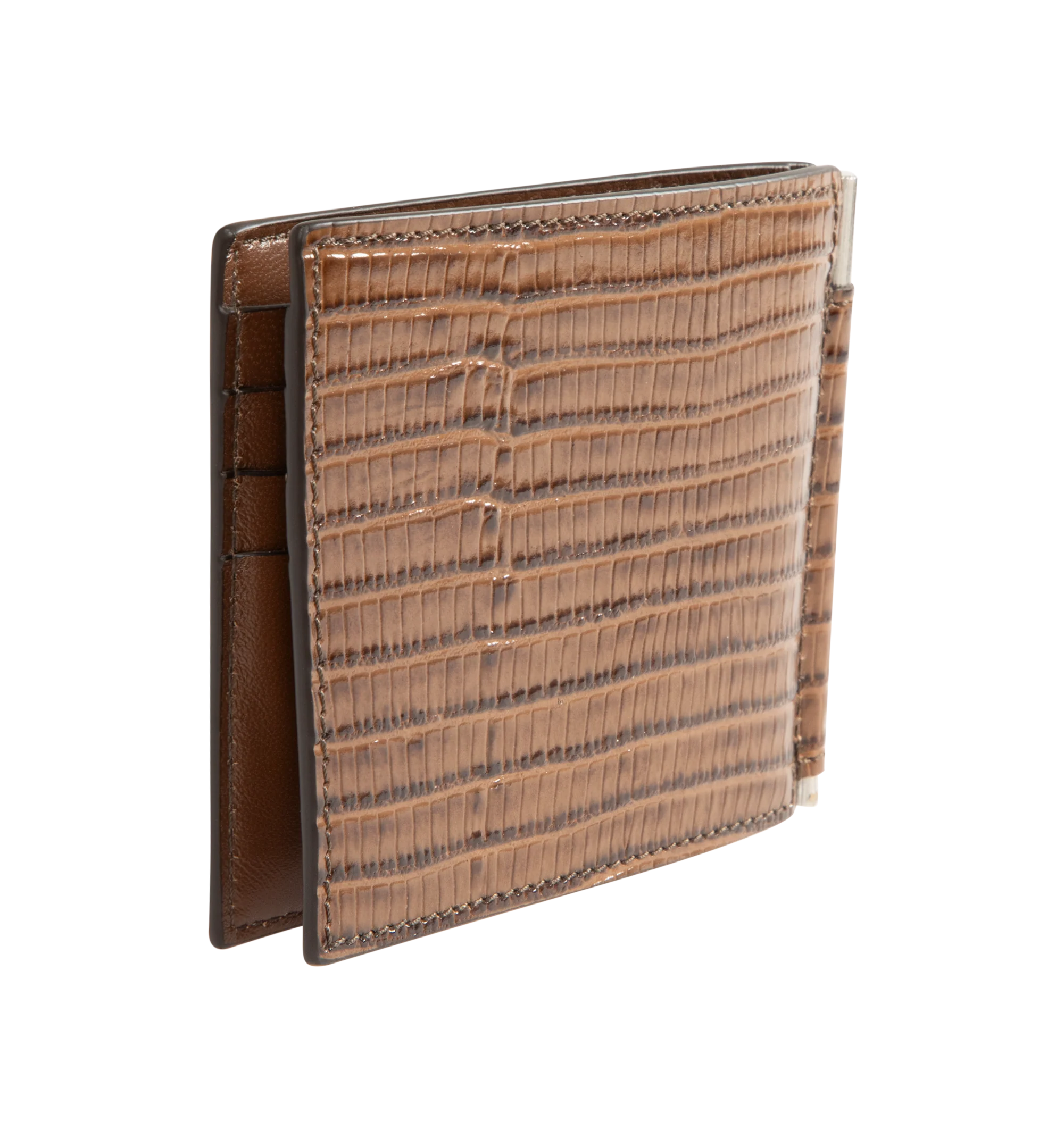 Image 2 of 3 - BROWN - Tom Ford T Line Soft Grain Leather Money Clip Wallet is crafted from soft grain calf leather and features the signature elongated T detail, an integrated money clip, and a compact bi-fold silhouette with multiple card slots for everyday organization. This designer leather money clip wallet combines refined craftsmanship with elevated functionality for daily use. Main Material: 100% Calf Leather. Lining: 70% Calf Leather, 30% Sheep Leather. Dimensions: 10.5 x 9 x 0.8 cm. Made in Italy.