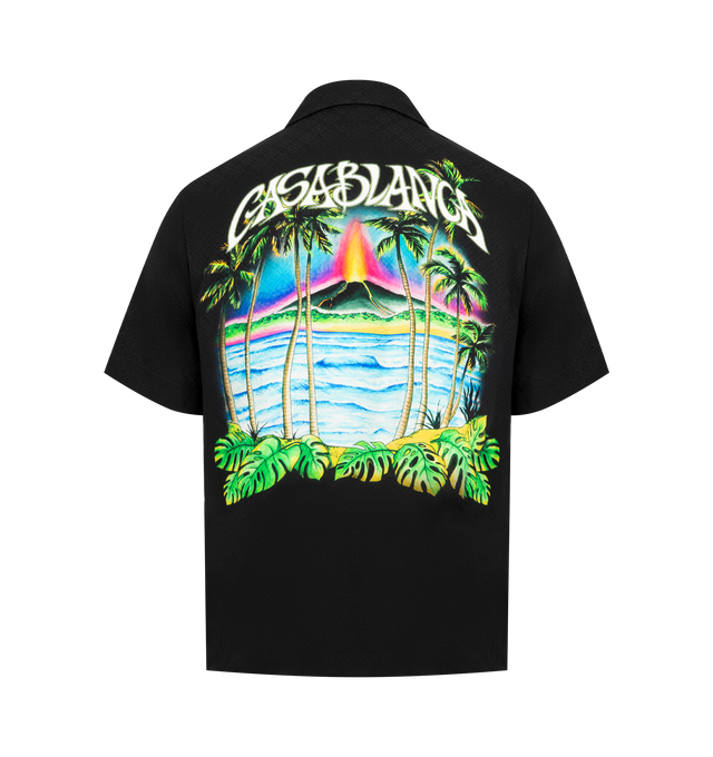 Image 2 of 2 - BLACK - CASABLANCA Volcano Short-Sleeve Shirt featuring a silk design, graphic print on front and back, a breast pocket, button closure, interlocking CC logo corozo buttons, and short sleeves. 100% silk. Made in Italy.