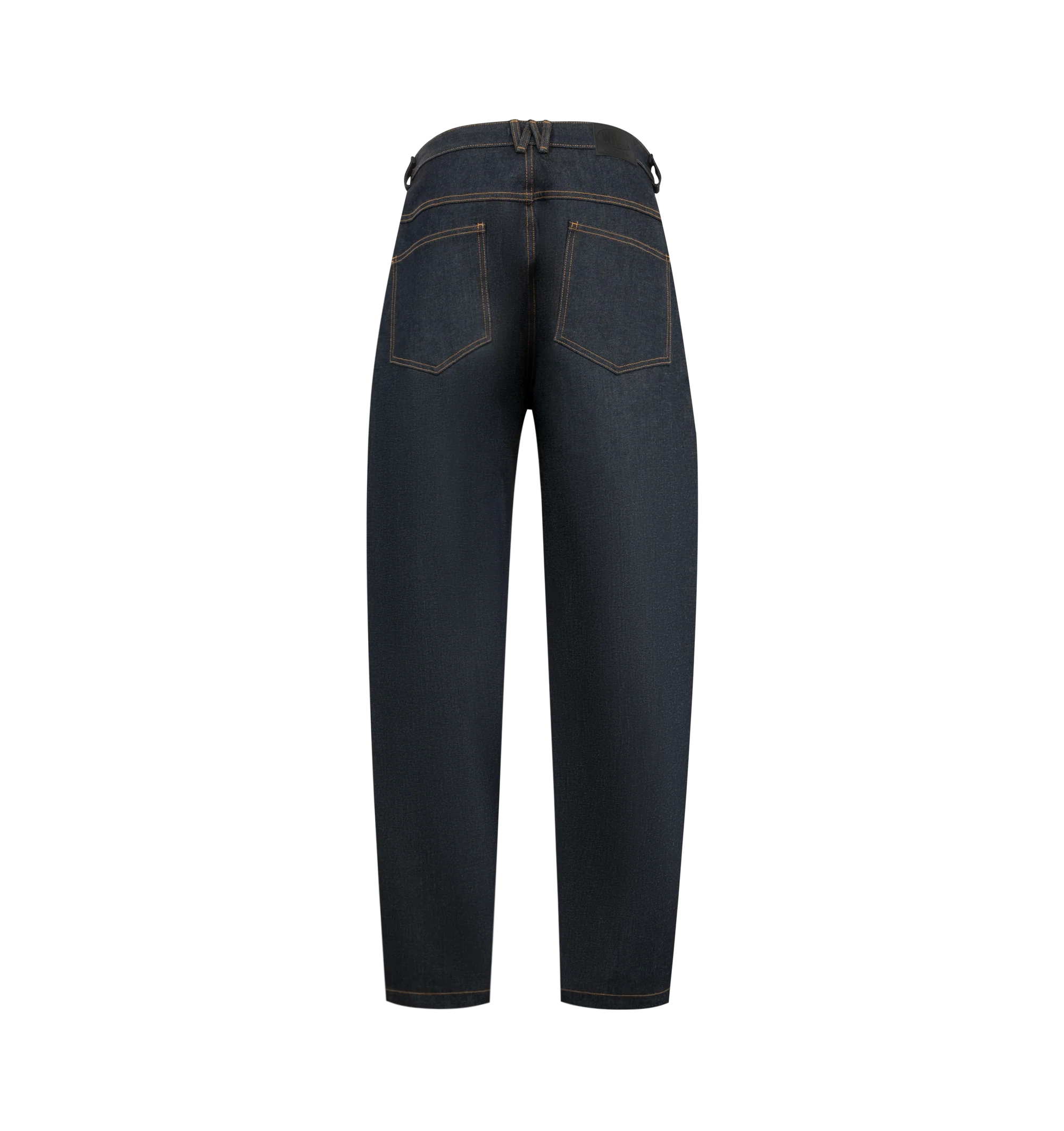 Image 2 of 3 - NAVY - The Bad Boy Jean is cut in a baggy, oversized silhouette with a low waist and dropped crotch. Designed with an extra-long, wide leg that creates a stacked, exaggerated shape, it delivers a bold, expressive proportion. Finished with a gold button fly, signature W belt loops with a key loop, and a leather WILLY patch for distinctive detail. Main Material: Cotton.