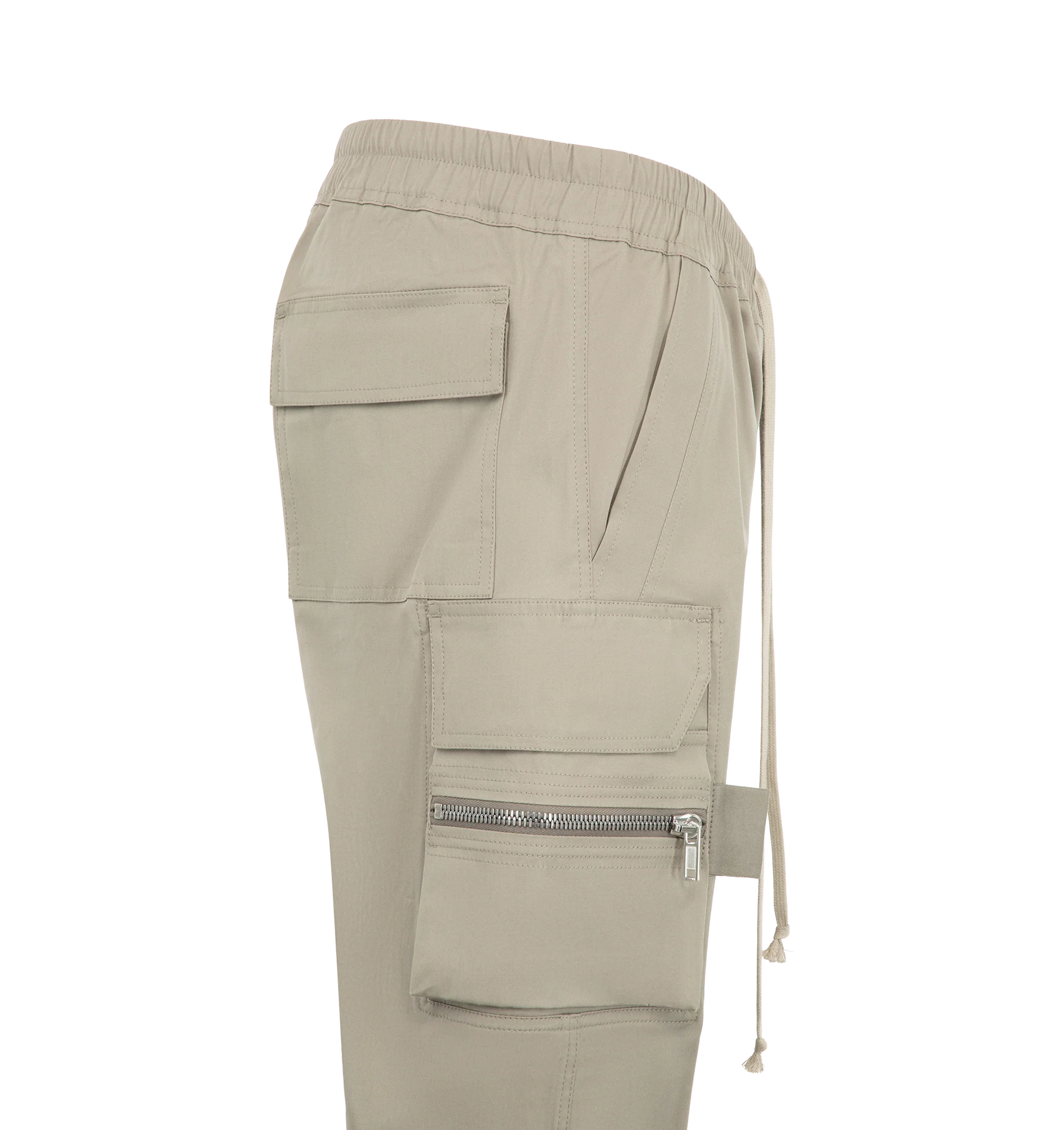 Image 3 of 3 - GREY - Rick Owens Men's Mastodon Cargo Pants are crafted from lightweight feather material and feature a slim-fit, full-length silhouette with an elasticized drawstring waistband. Designed with side pockets, zippered cargo pockets at the thighs, back flap pockets, and elasticized ankles, the style combines utilitarian detailing with a streamlined profile.