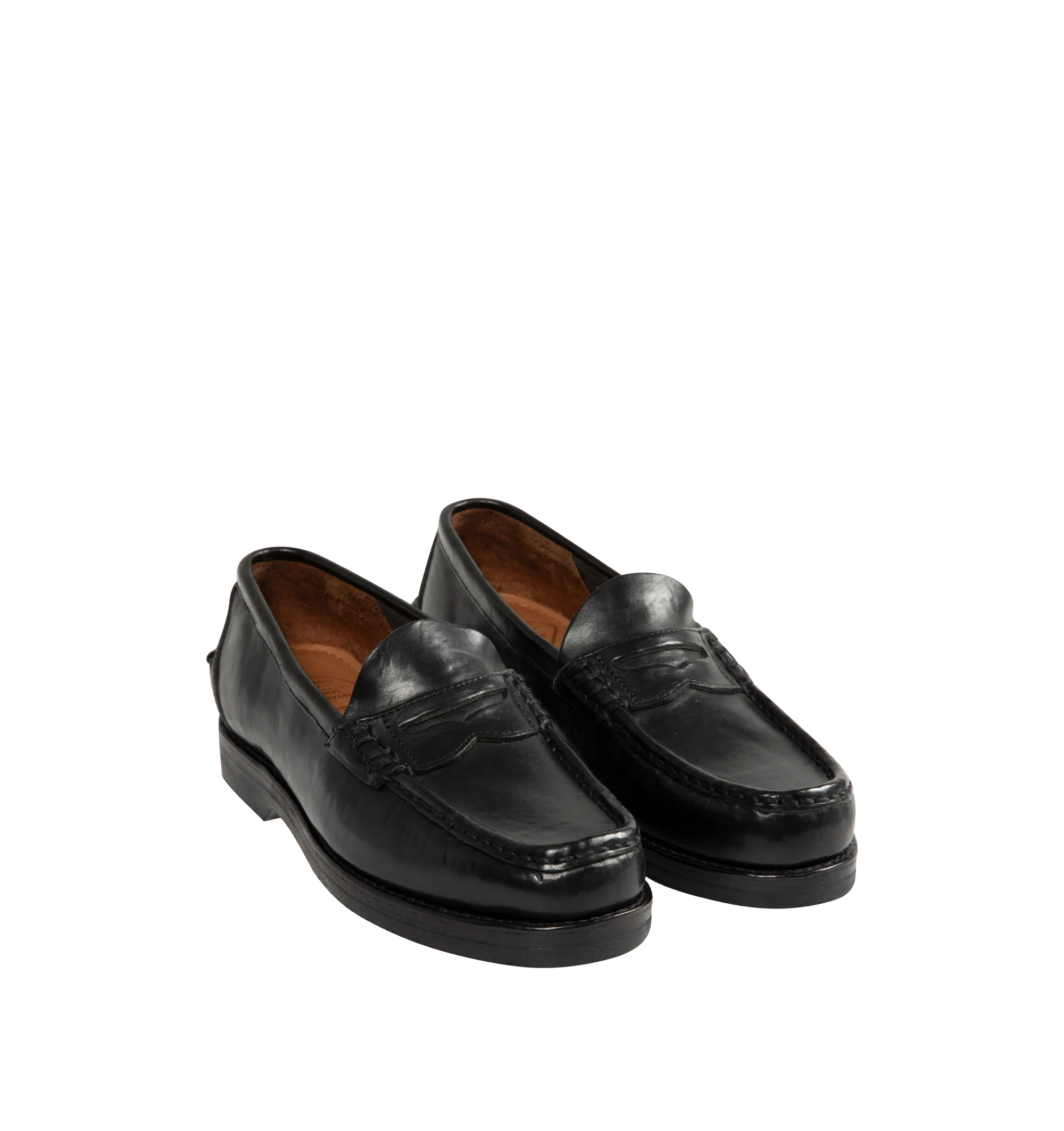 Image 2 of 4 - BLACK - Visvim Men's Fabro-Folk Leather Loafers are crafted from Italian vegetable-tanned horsehide and feature a minimalist penny loafer silhouette with hand-sewn construction and Goodyear-welted detailing. Designed with a pigment-free leather lining, natural cork insole, leather welt and midsole, and a Vibram outsole for lasting comfort, durability, and resoling capability. Main Material: Italian Vegetable-Tanned Horsehide. Lining: Pigment-Free Leather. Insole: Natural Cork. Midsole: Leathe