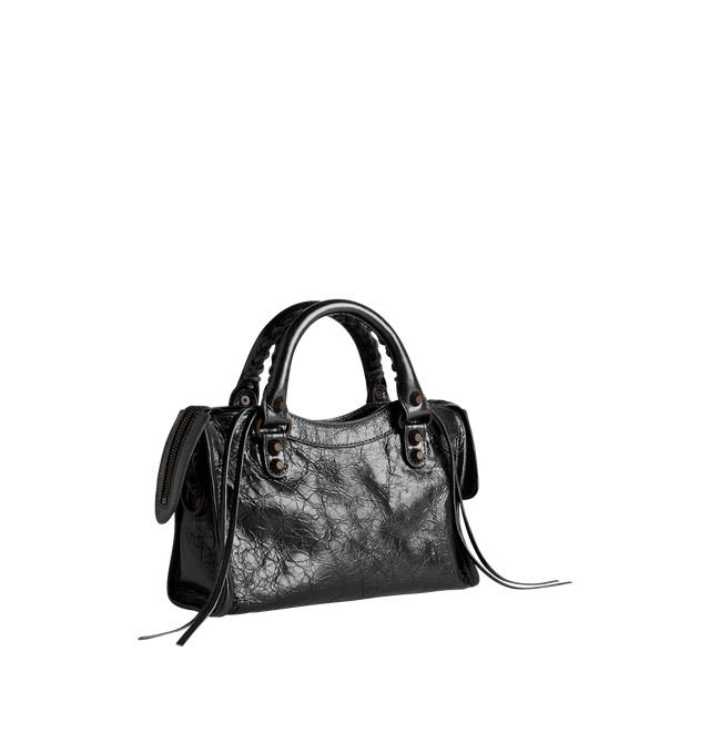 Image 2 of 4 - BLACK - BALENCIAGA Le City Bag Mini in Arena lambskin featuring two hand-braided handles with waxed cord, removable and adjustable strap with shoulder pad, double-sided zip with long tails and knotted leather puller, front zipped pocket with knotted leather puller, 1 inner zipped pocket, 1 removable mirror, tone-on-tone Balenciaga logo debossed on mirror and cotton canvas lining. 9.45" x 6.3" x 3.5". Lambskin, cotton. Made in Italy.