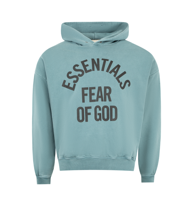 Image 1 of 3 - BLUE - FEAR OF GOD ESSENTIALS Campus 90s Hoodie 520GSM heavy fleece, pigment dyed, cropped, relaxed silhouette, exaggerated proportions with dropped shoulders for a relaxed drape, Essentials Fear of God campus puff-print graphic, side pockets, rib-knit cuffs, waist-hem and Fear of God Essentials label on the hood. 100% cotton.