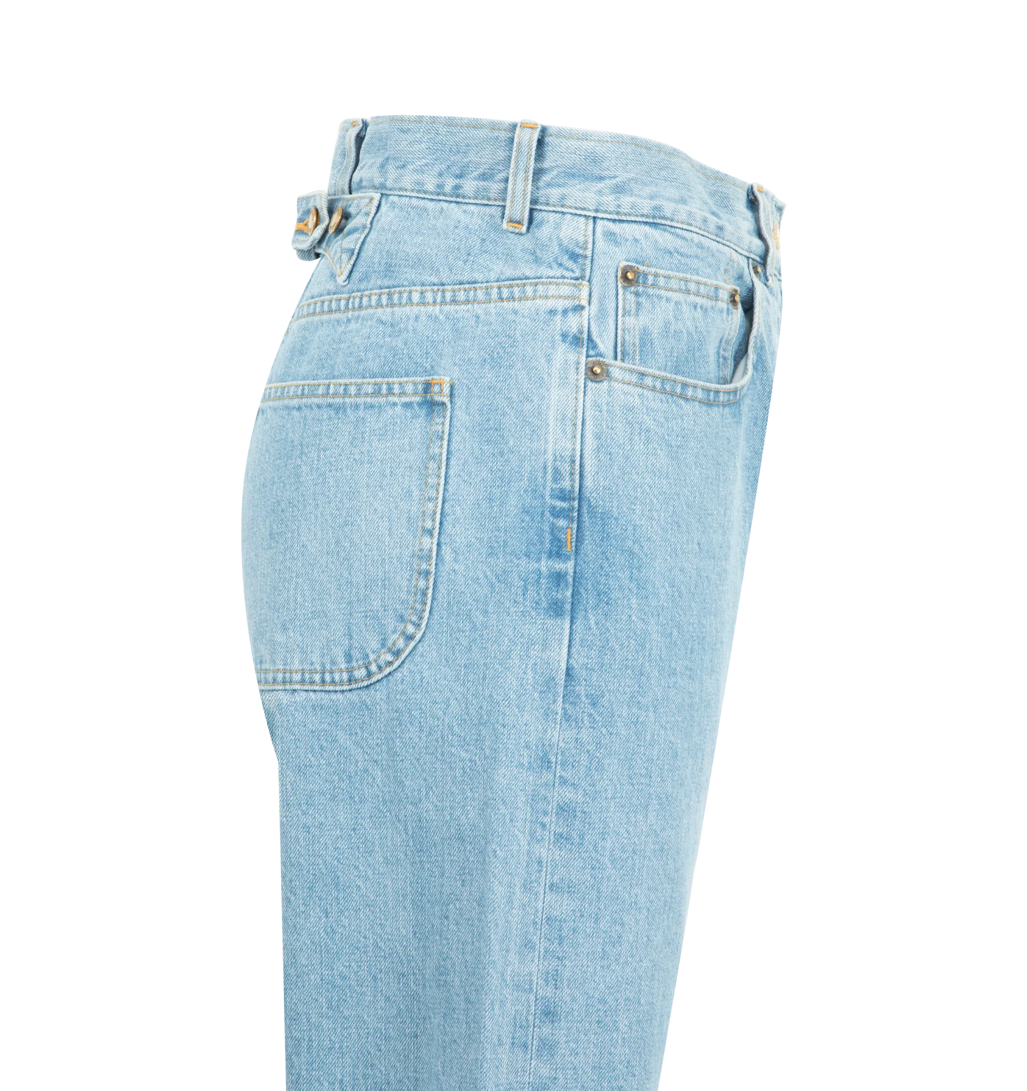 Image 3 of 3 - BLUE - Thom Browne Womens Classic 5-Pocket Jeans are crafted from Japanese selvedge denim. Feature a relaxed fit, button fly closure, five-pocket styling, reinforced back yoke with adjustable button-fastening backstrap, selvedge detail at the inner cuffs, and signature striped grosgrain loop tab. Main Material: 100% Cotton. Made in Japan.