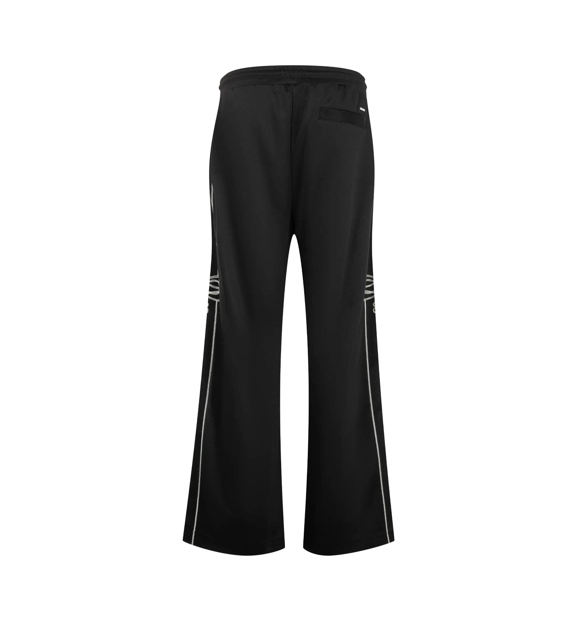 Image 2 of 4 - BLACK - Amiri Men's Lasso Wide-Leg Track Pants are crafted from lightweight polyester and feature a relaxed wide-leg silhouette for effortless comfort and style. Custom contrast embroidery at the knees and subtle linear piping along the outer legs add distinctive detail, while an elasticized drawstring waistband and side-seam pockets enhance everyday functionality. Material: 100% Polyester.