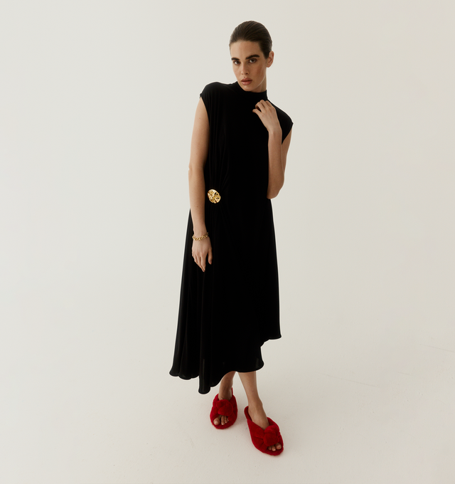 Image 2 of 4 - BLACK - BOTTEGA VENETA Crepe Viscose Jersey Dress featuring long dress made from matte crepe viscose jersey, face brooch at the side, zipper closure and regular fit. 100% viscose. Made in Italy.