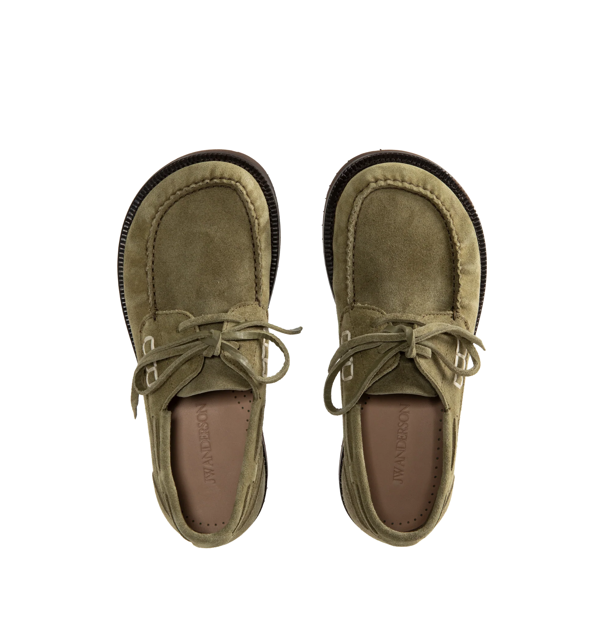 Image 4 of 4 - GREEN - JW Anderson Women's Ruffle Suede Boat Shoes are crafted in Italy from premium suede and feature a contemporary boat shoe silhouette enhanced with layered suede ruffles. Designed with a lace-up closure, blind-embossed JWA logo, and a refined fit focused on comfort, the shoes reinterpret a classic style through the brand's signature playful detailing. Main Material: 100% Split Cow Suede. Made in Italy.