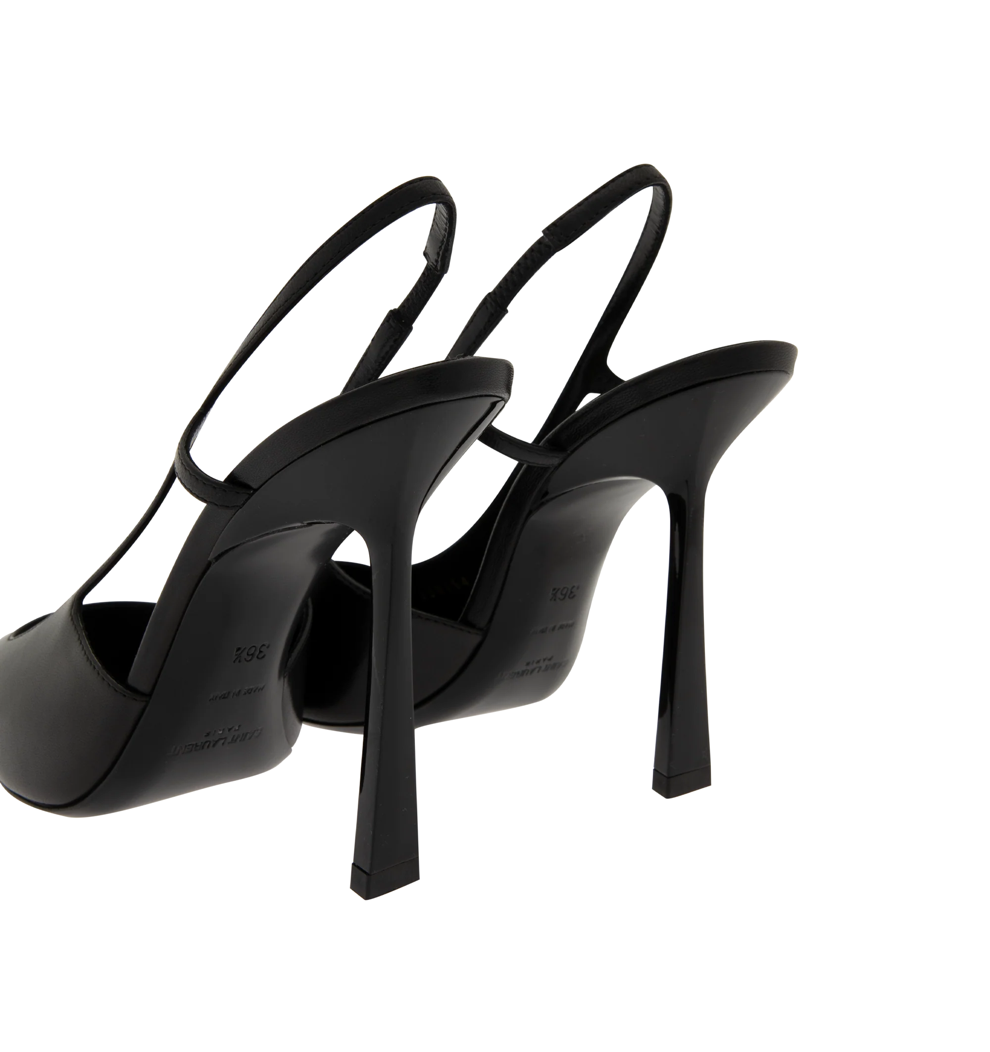 Image 3 of 4 - BLACK - Saint Laurent Womens Slingback Pumps are crafted from lambskin leather. Feature a square pointed metal cap toe with signature Cassandre martel hardware, square-cut vamp, elasticized slingback strap, stiletto heel, and leather sole. Main Material: Lambskin Leather; Hardware: Brass; Sole: Leather. Total Heel Heught: 11 cm / 4.3 inches. Made in Italy.