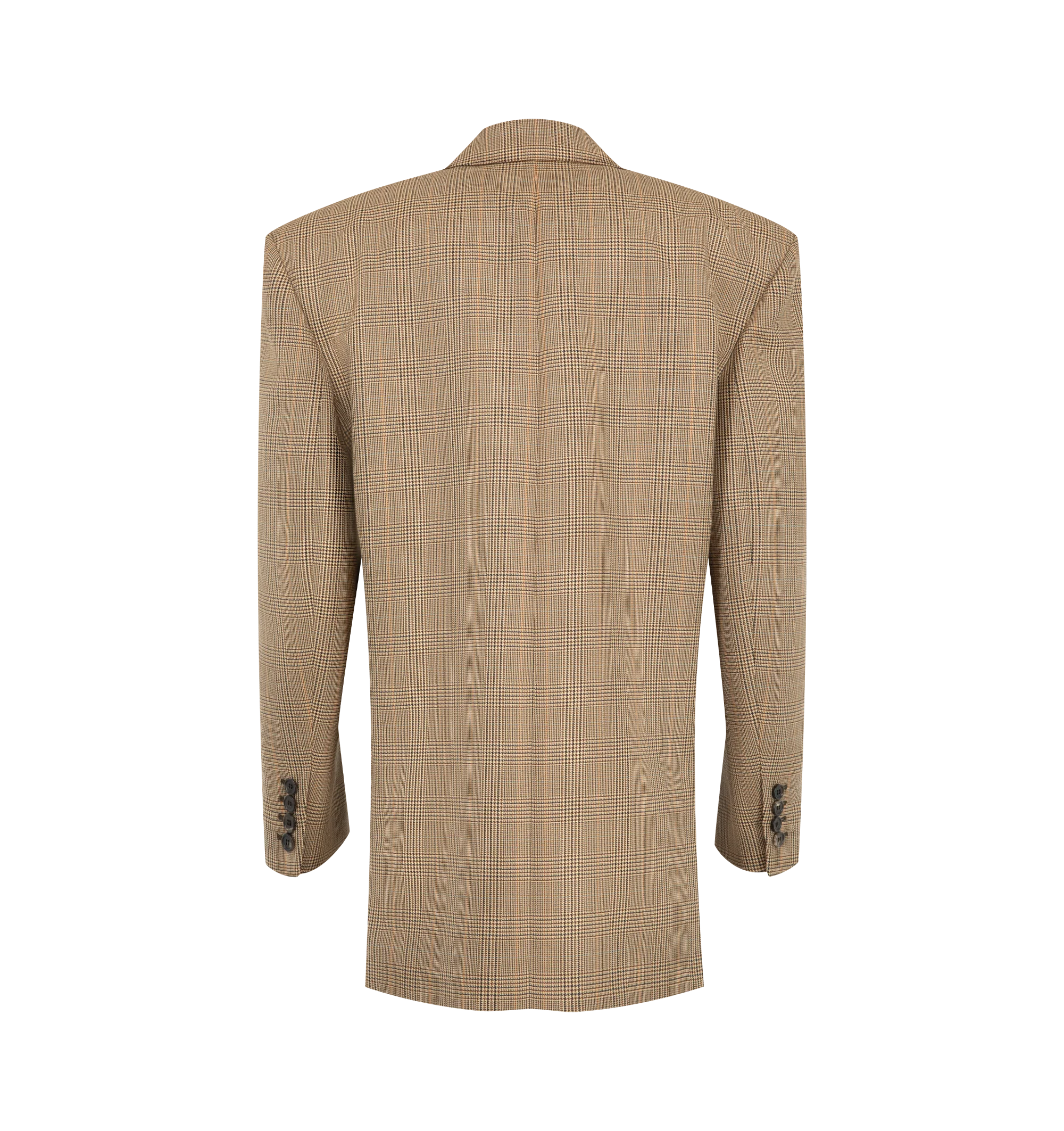 Image 2 of 2 - BROWN - Saint Laurent Womens Double-Breasted Jacket is crafted from certified virgin wool in a Prince of Wales puppytooth weave and features a subtly oversized silhouette with a peaked lapel. Designed with a double-breasted six-button closure, padded shoulders, two front flap welt pockets, a chest welt pocket, two interior jetted pockets, four-button cuffs, and a single back vent. Main Material: Certified Virgin Wool; Lining: Silk. Made in Italy.