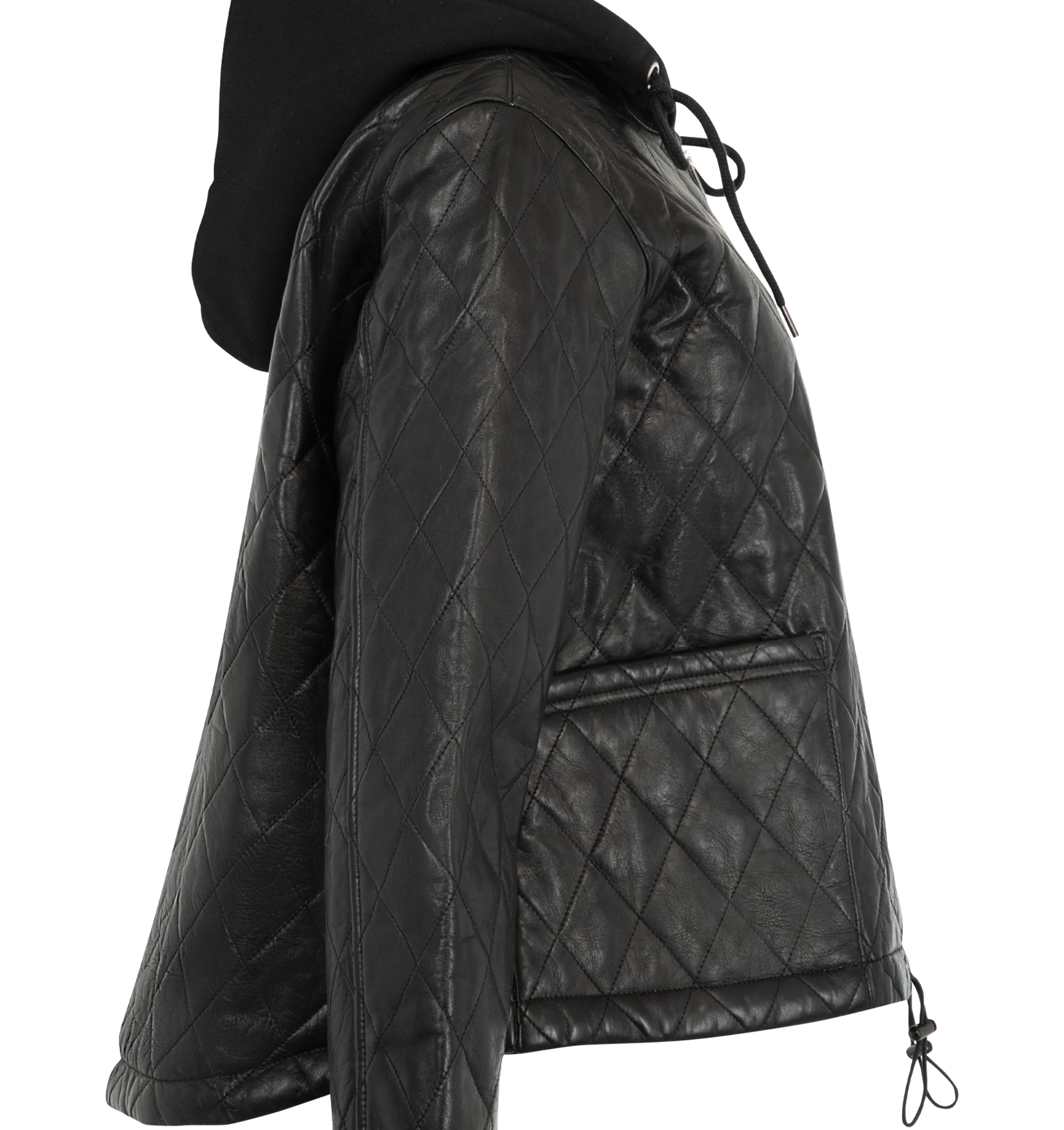 Image 3 of 3 - BLACK - R13 Women's Quilted Leather Jacket with Hood is crafted with a quilted construction and features a zip-front silhouette layered with a contrasting hooded insert. Designed for versatile everyday wear, the jacket combines lightweight insulation with a casual layered look. Main Materials: 100% Lamb Leather, Lining: 100% Polyester.