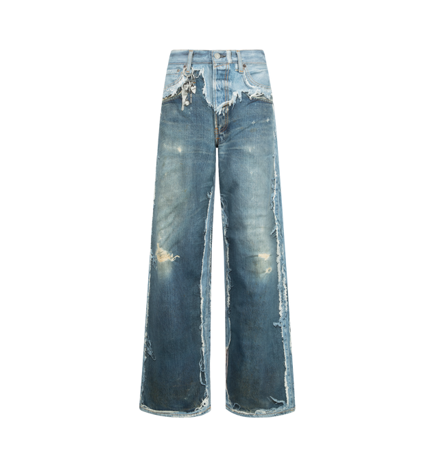 Image 1 of 3 - BLUE - ACNE 1981 Trompe-Lil Jeans featuring a hyper-detailed print to mimic frayed seams, worn patches and dangling key charms illusion, loose, baggy wide-leg silhouette, button zip closure and 5 pocket style. 100% cotton. Made in Italy.