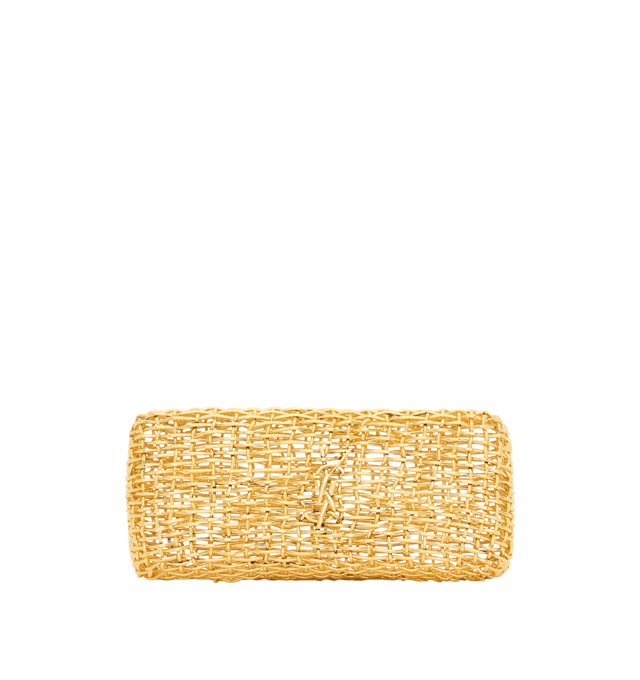 Image 1 of 3 - GOLD - SAINT LAURENT Woven Metal Evening Bag featuring Clutch case in woven metal decorated with the cassandre, a stowable chain strap and bronze-tone hardware. 7.5" x 3.5" x 2". Brass. Made in Italy.