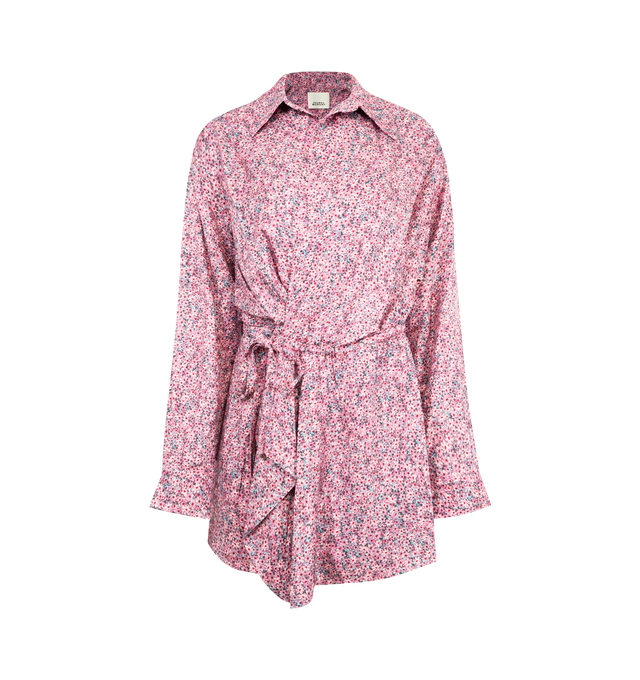 Image 1 of 2 - PINK - Isabel Marant silk jacquard shirt dress featuring shirt collar with a low-cut, wrap-over style V-neckline, long sleeves with straight buttoned cuffs, elastic waist with tie string, blouse style top, loose fit and rounded hem. 65% viscose, 35% silk. Made in India.