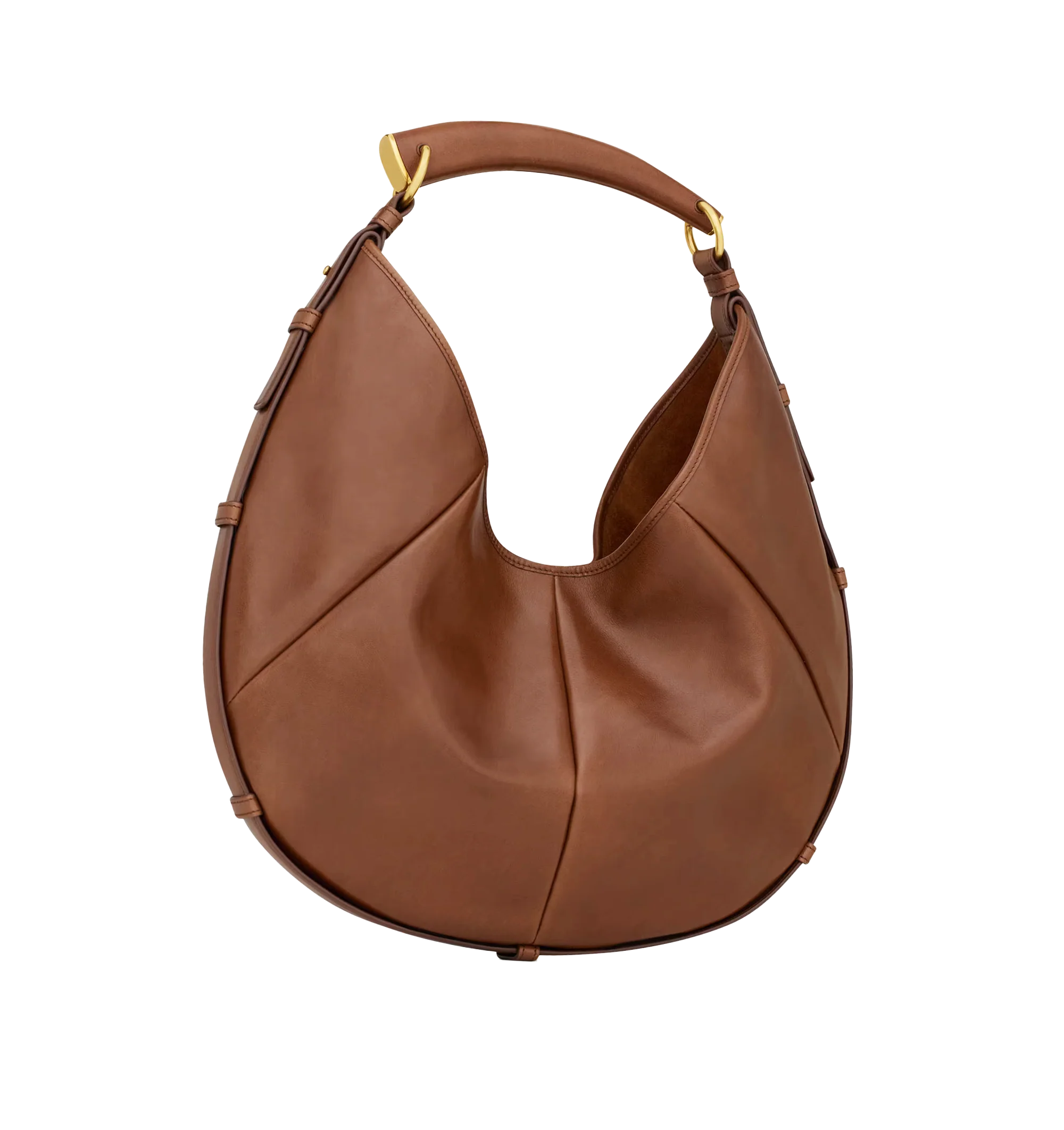 Image 2 of 3 - BROWN - Saint Laurent Women's Mombasa Medium Hobo Bag is crafted from supple calfskin leather in burnt bread brown with a tonal suede lining. Bronze-tone hardware, a leather-covered handle for hand or shoulder carry, a magnetic closure, and an interior zip pocket complete the design. Fits a large phone, slim wallet, keys, and sunglasses. Main Material: 100% Calfskin Leather. Lining: 100% Suede. Dimensions: 2440 x 2433 x 3 cm / 9.415.7 x 9.413 x 1.2 in. Handle Drop: 23 cm / 9.1 in. Made in Ita