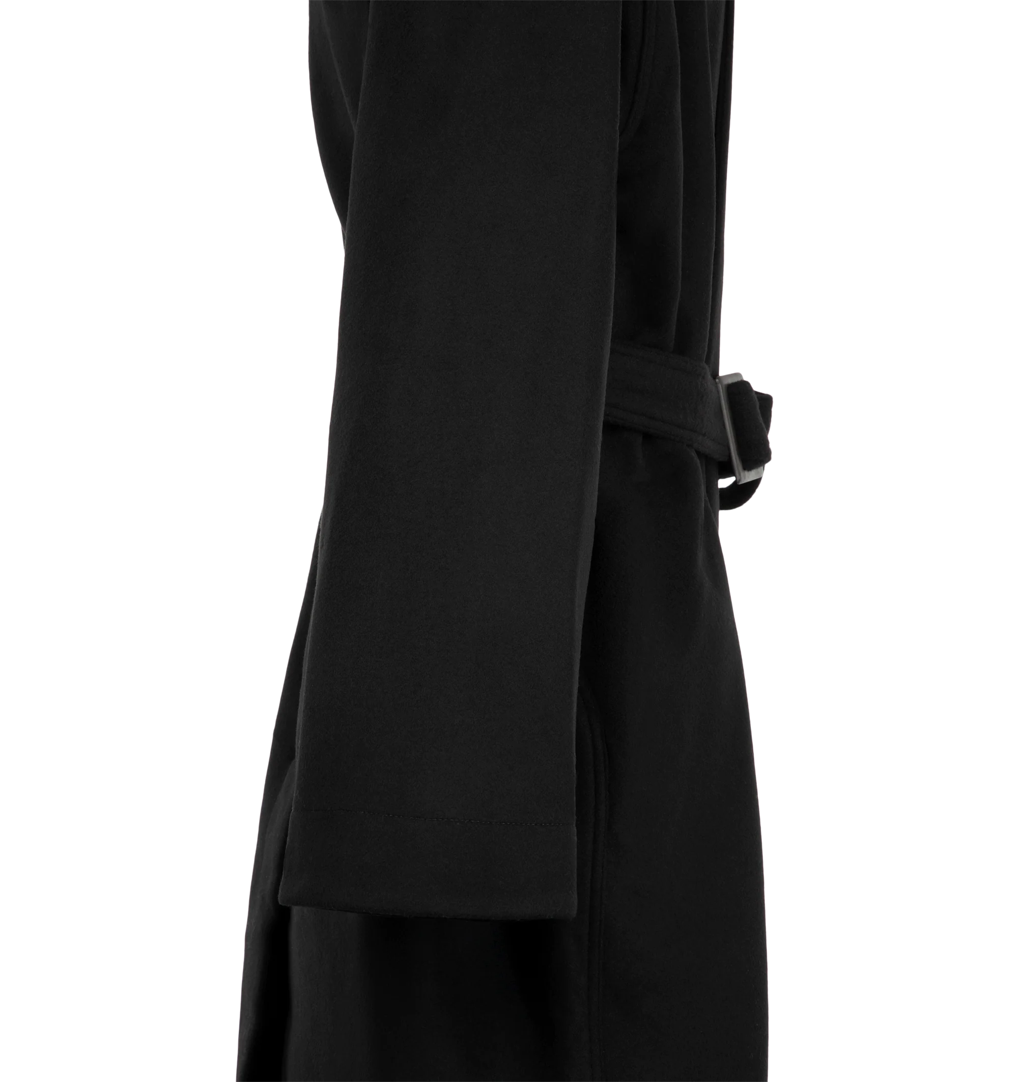 Image 3 of 3 - BLACK - Rick Owens Men's Tower Coat is crafted from heavyweight double-face cashmere and features a below-knee silhouette with a hood, dropped shoulders, and a wrap-front closure. Finished with a horn buckle belt, side seam pockets, back vent, and internal zip pockets. Main Material: 100% cashmere. Pocket Lining: 100% cotton. Buckle: 100% buffalo horn.
