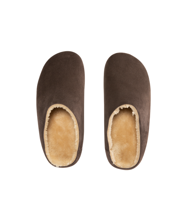 Image 4 of 4 - BROWN - THE ROW Hudson Slide featuring relaxed slip-on shoe in natural suede with round toe, contoured footbed and rubber sole. 100% calfskin leather. Rubber sole. Made in Italy.