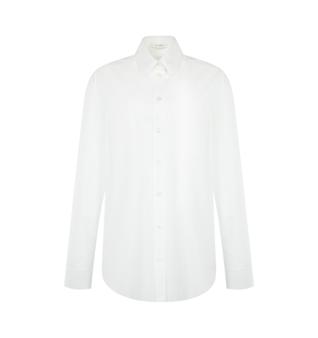 Image 1 of 2 - WHITE - THE ROW Gavina Shirt featuring classic button-up shirt in smooth sea island cotton chambray with front patch pocket, slim back yoke and exposed front button placket. 100% cotton. Made in Italy.
