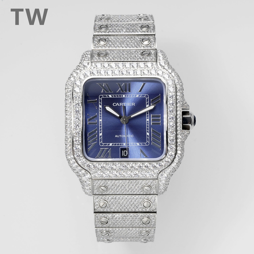Cartier-Full-Diamonds-Santos-De-Cartier-Watch-with-Blue-Dial-40MM